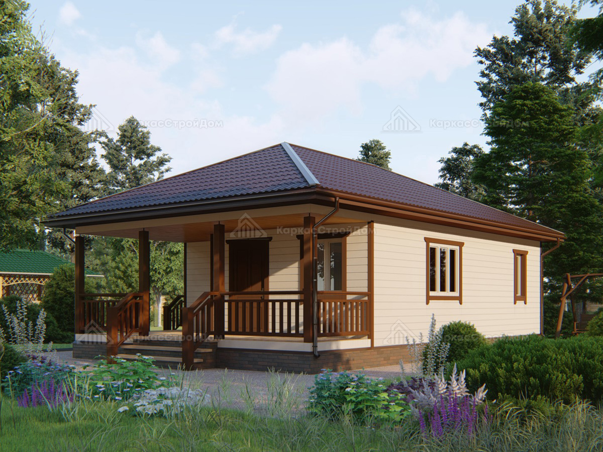 картинка Каркасный дом 7x11 с террасой и двумя входами 